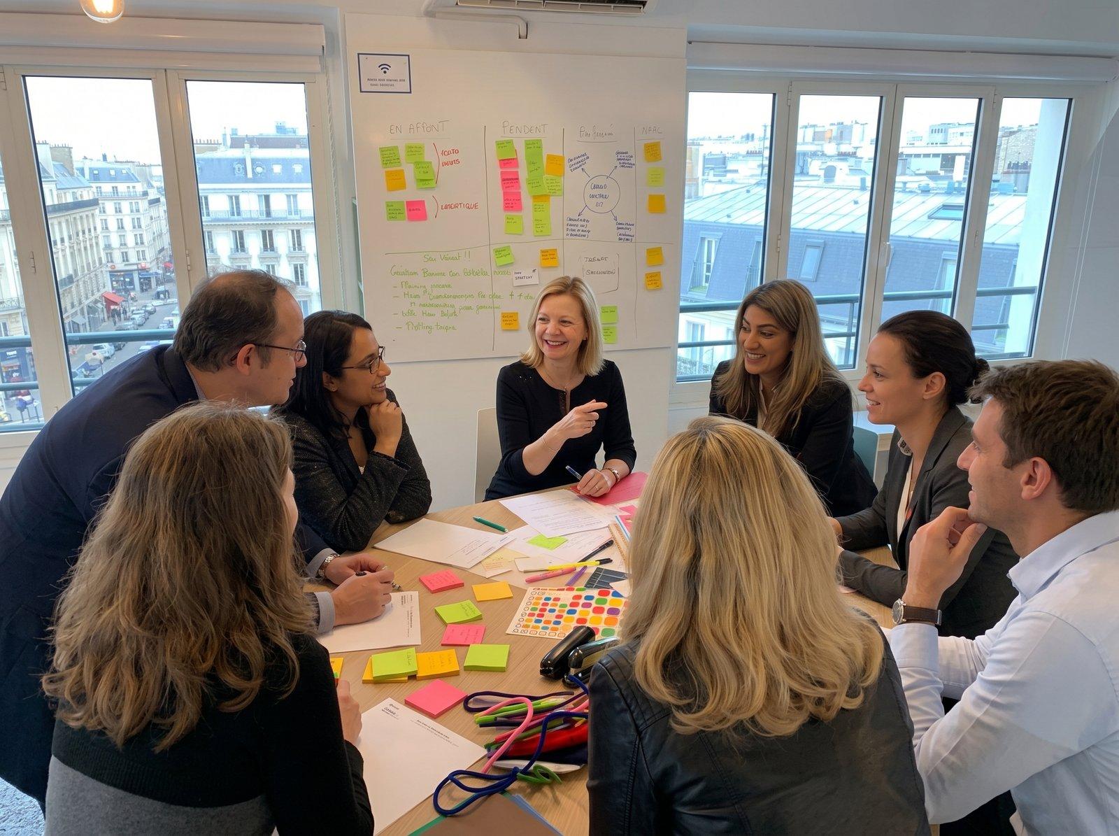 Un groupe de huit personnes assises autour d'une table de travail couverte de post-it, de feutres et de documents, en pleine discussion.