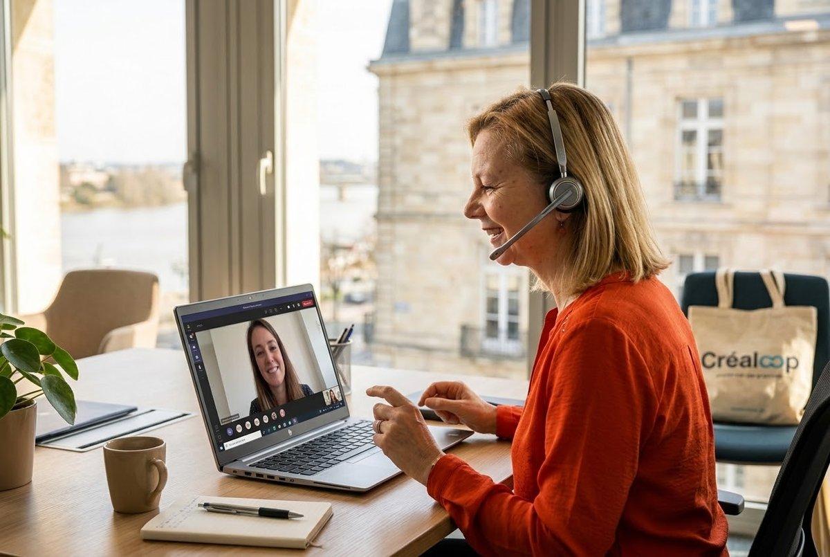 Une femme portant un casque-micro sourit pendant une visioconférence sur son ordinateur portable, devant une fenêtre donnant sur des immeubles en pierre.